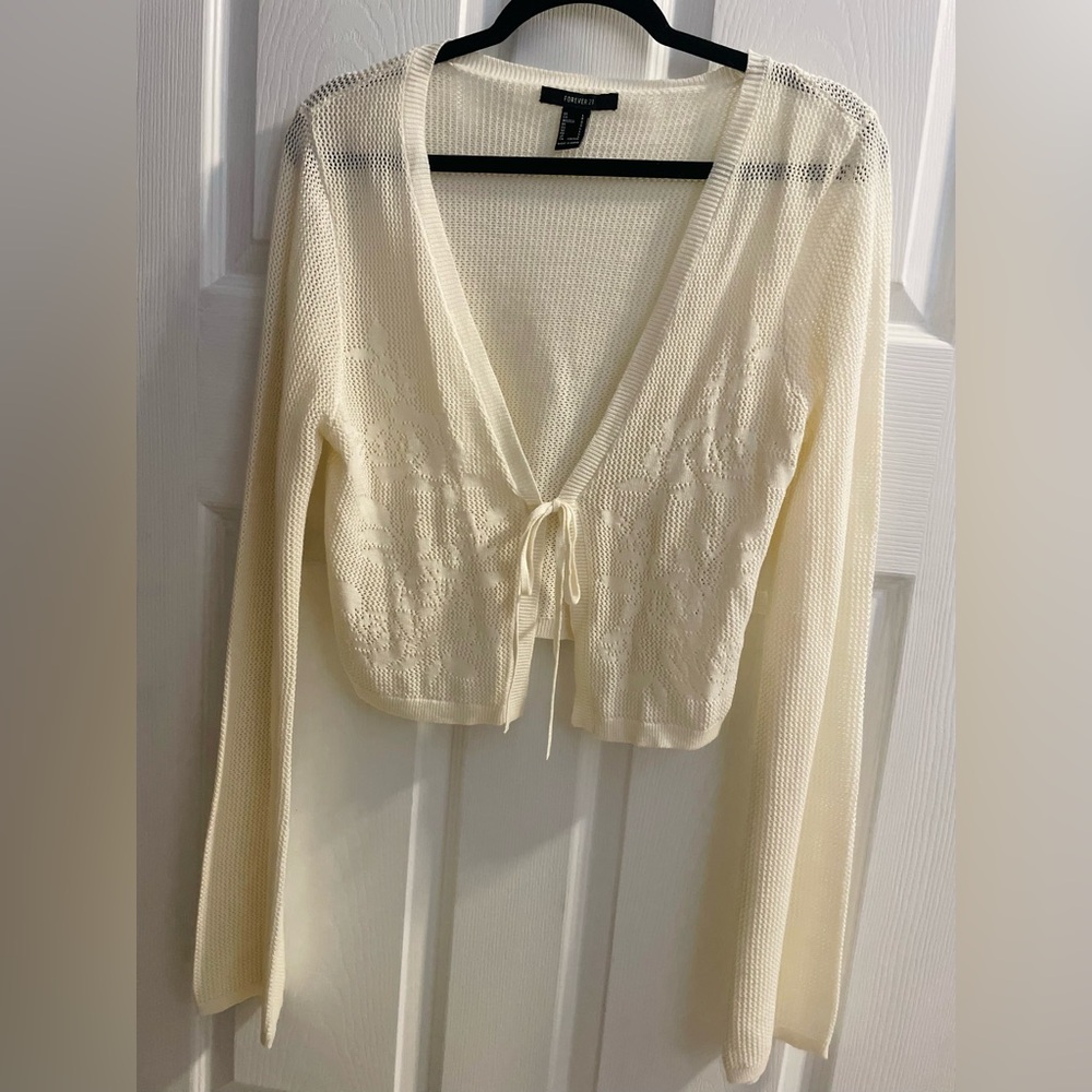 Forever 21 Cream Knit Tie-Front Cardigan